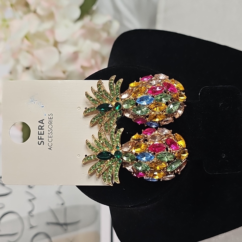 Earrings Pineple with Multicolored Stones Elegant Wear Vacation Resortwear Beach - Picture 7 of 10